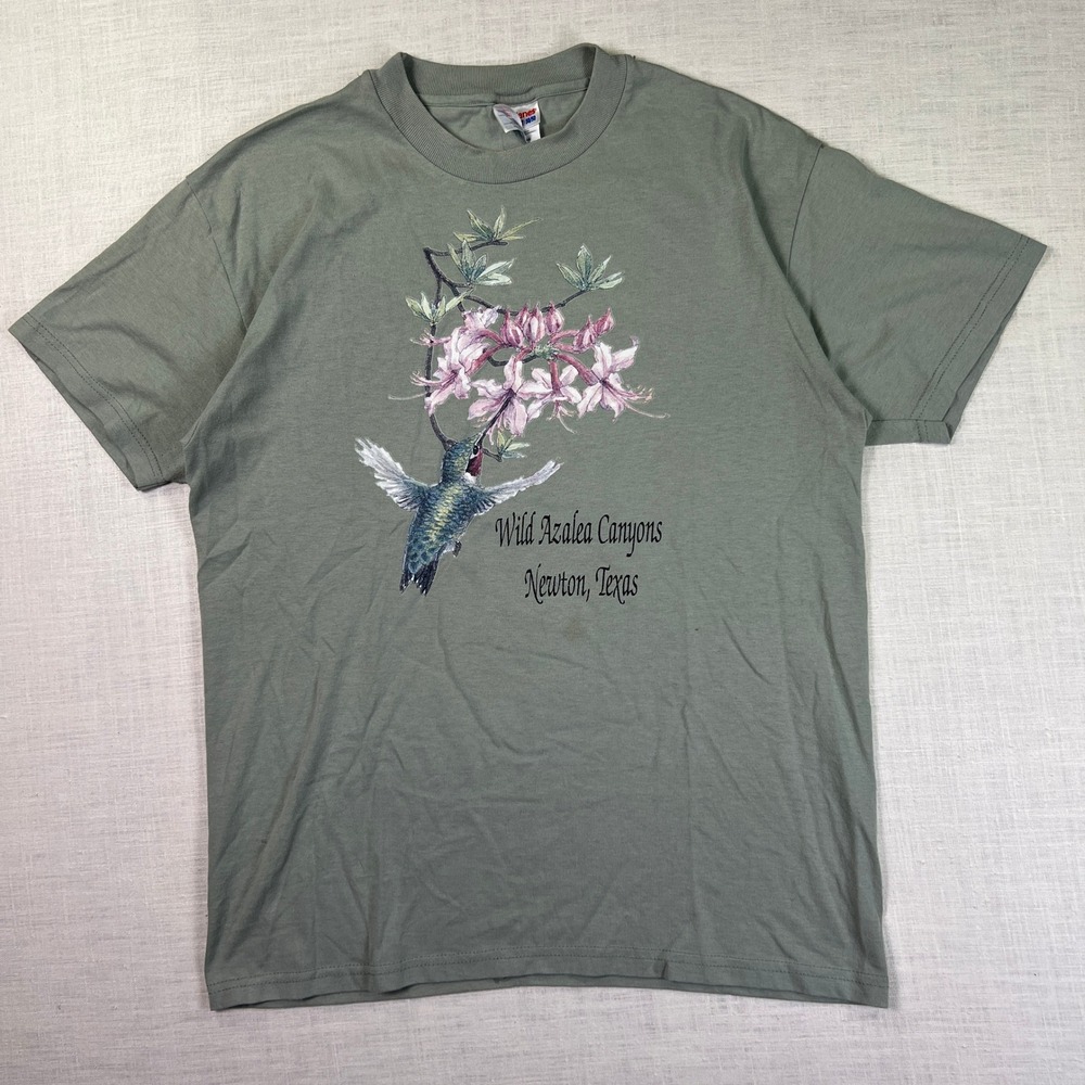VTG 90s Azalea Canyons Hummingbird Hanes Men M Wild  T Shirt‎ Green Floral USA